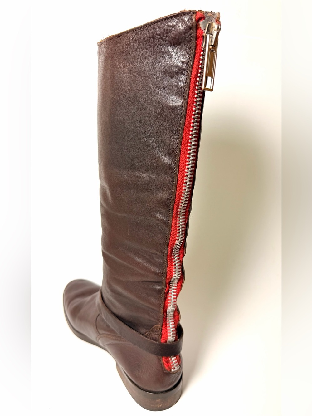 Golden Goose Brown Leather Riding Boots Red Zipper Italy Size 37 US 7 Knee High